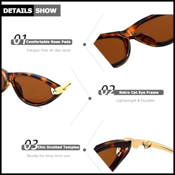 Retro Cat Eye Sunglasses with Gold Metal Temples, UV400  display picture 2